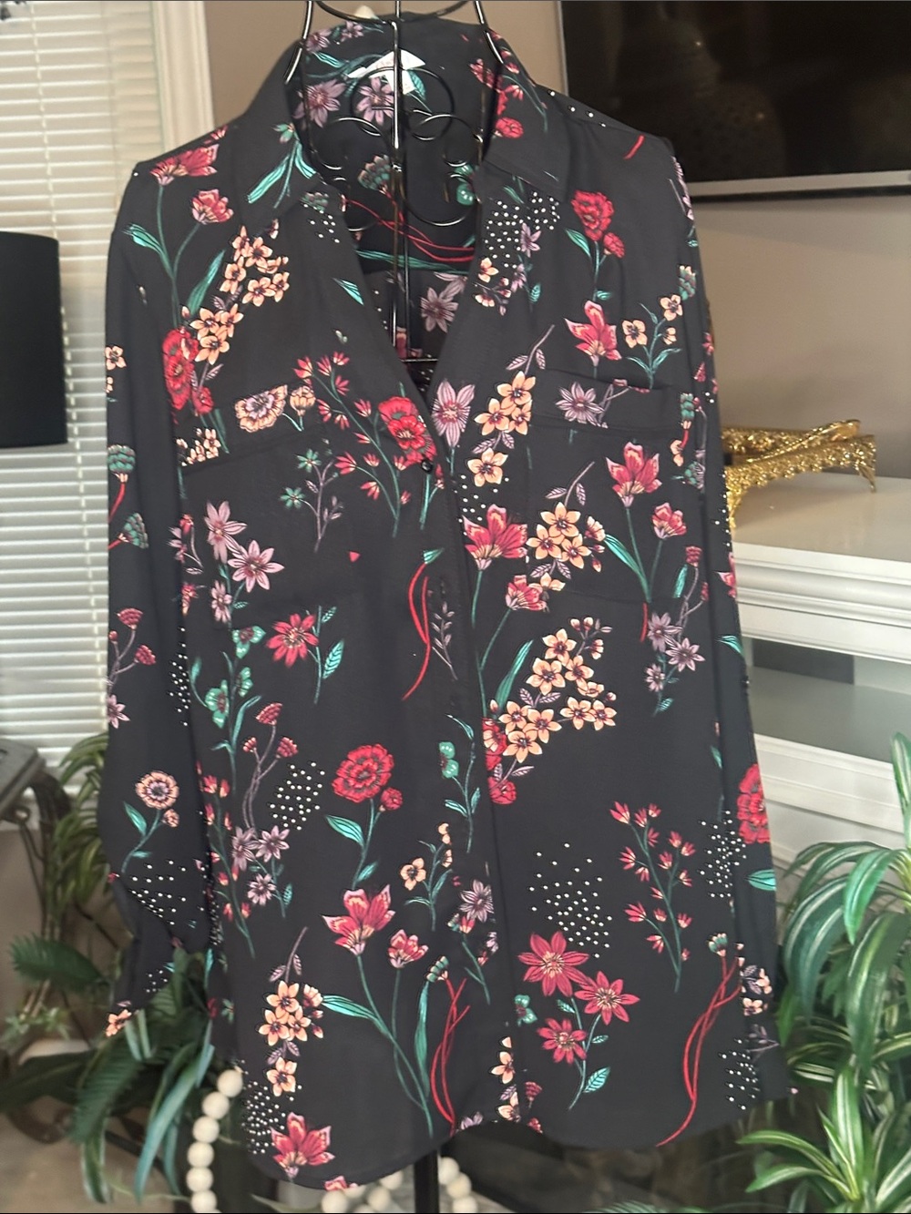 Candie's Black Floral Button-Down Blouse with Pink & Red Blooms